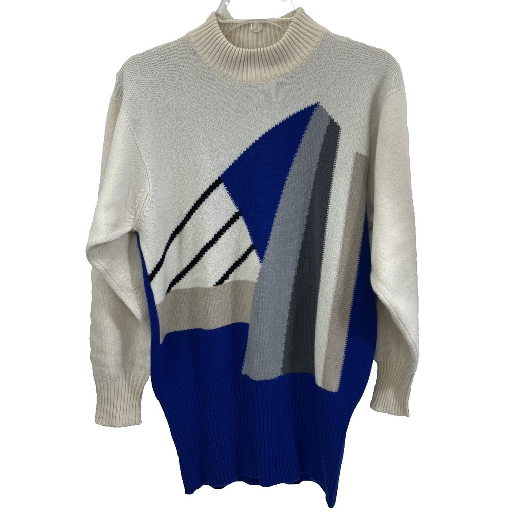 Murray Allan Cashmere Sweater Women's Size M VTG 70s Blue Ivory Made In Scotland